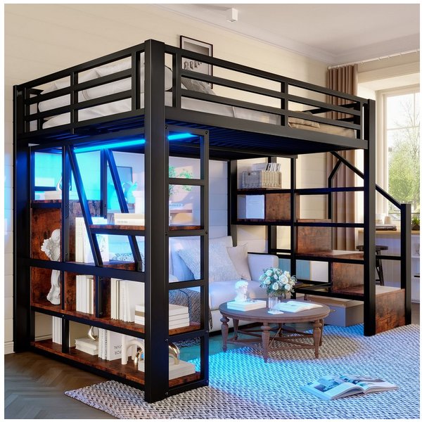 TavilaEcon Hochbett 140×200 cm mit LED-Beleuchtung und Leiter, ohne Matratze (1-St) Metallbett Kinderbett mit Ablagefächern, Geländer, Stauraum unter Bett