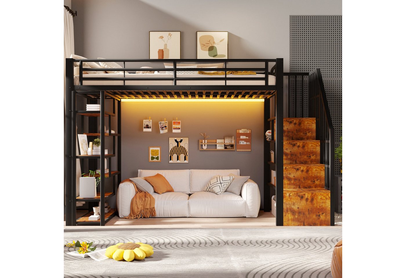 TavilaEcon Hochbett mit Eisenrahmen, Ablagefach, integrierte Stufen & Schutzgeländer (1-St) mit LED-Lichtleiste, 90 x 200 cm, Weiß/Schwarz – Bild 2 von 5