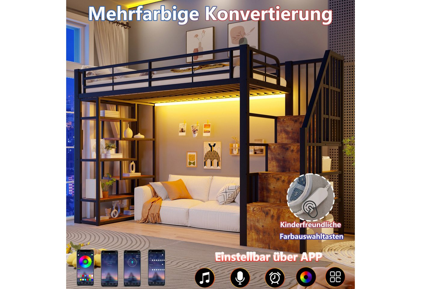 TavilaEcon Hochbett mit Eisenrahmen, Ablagefach, integrierte Stufen & Schutzgeländer (1-St) mit LED-Lichtleiste, 90 x 200 cm, Weiß/Schwarz – Bild 5 von 5