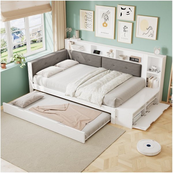 TavilaEcon Holzbett mit Ausziehbett, seitliche Ablagefächer & integrierte Ladebasis (1-tlg), mit Schuhbank am Fußende, 120×200&90×190cm, weiß