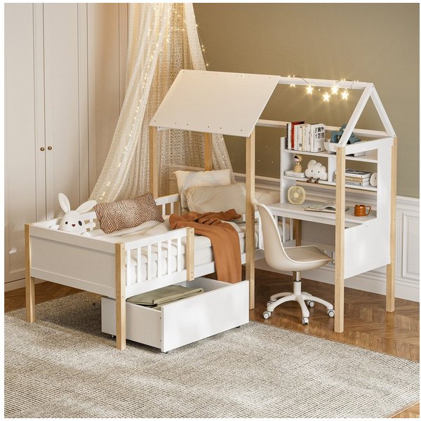 TavilaEcon Kinderbett mit Rausfallschutz, Lattenrost und L-förmigem Schreibtisch (1-tlg), mit Bücherregal, Schubladen mit Rollen, 90×200cm
