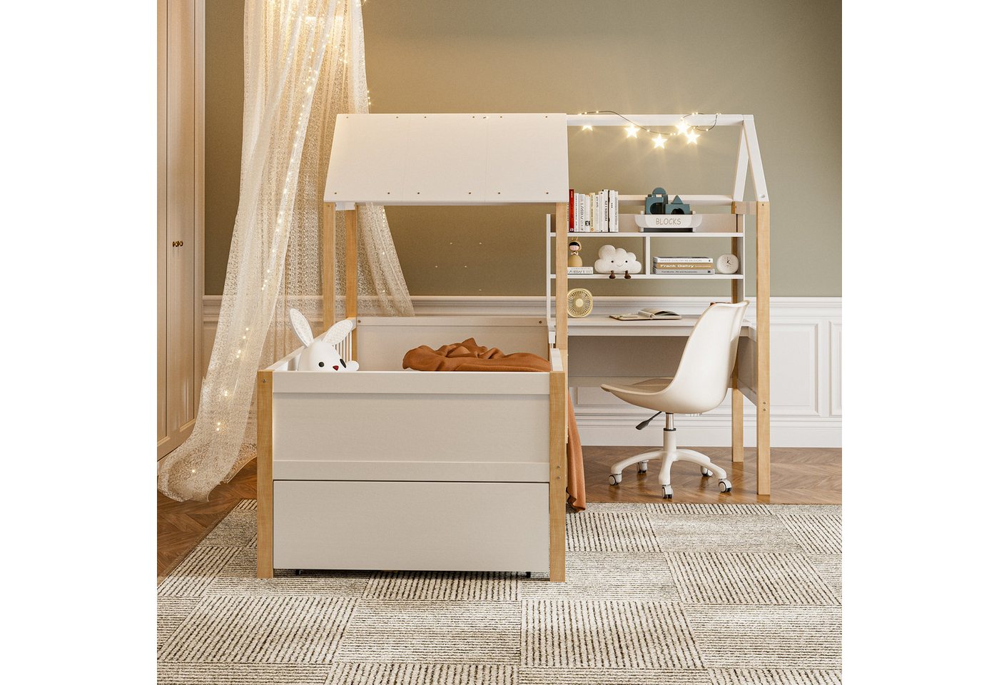 TavilaEcon Kinderbett mit Rausfallschutz, Lattenrost und L-förmigem Schreibtisch (1-tlg), mit Bücherregal, Schubladen mit Rollen, 90×200cm – Bild 2 von 5