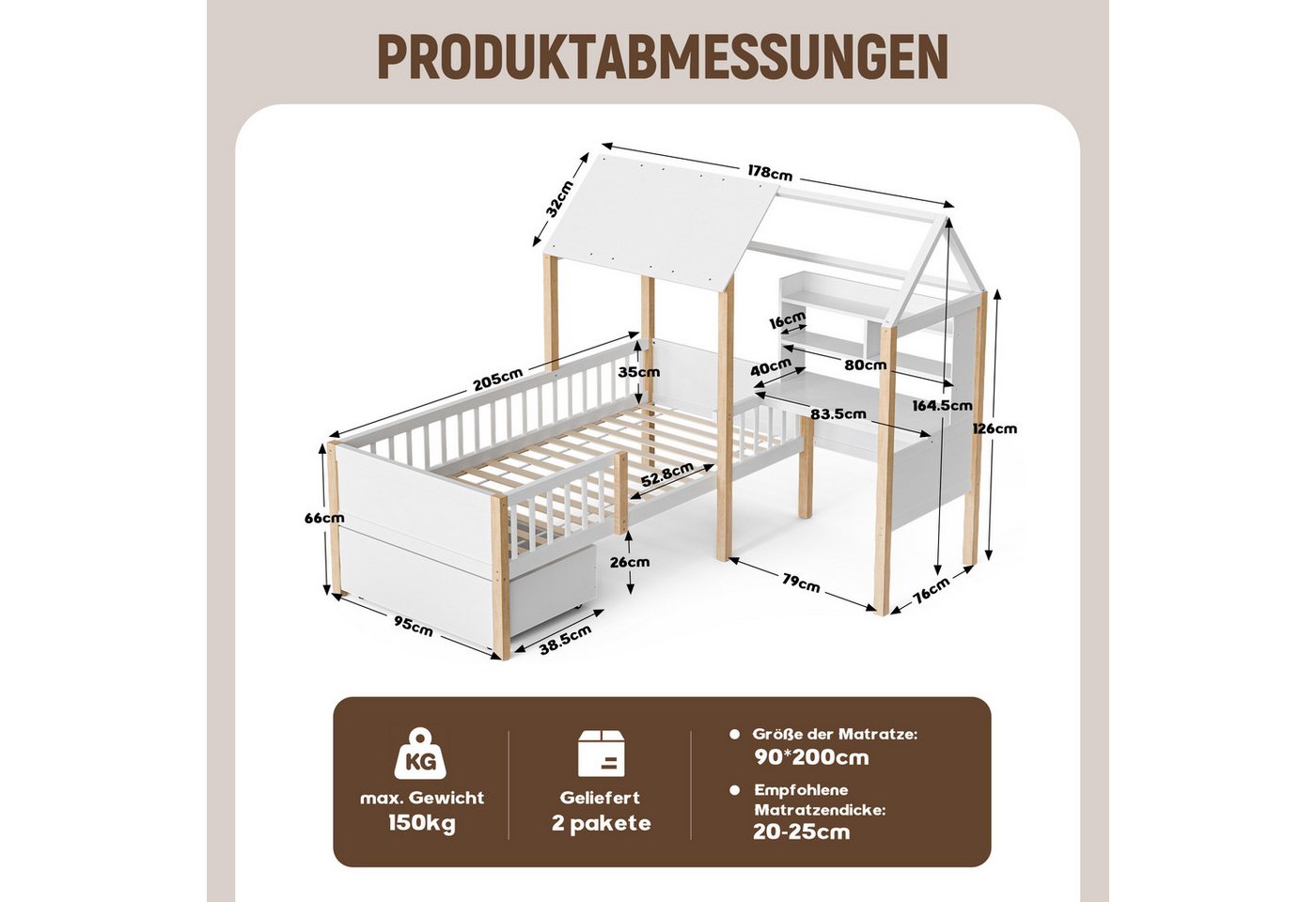TavilaEcon Kinderbett mit Rausfallschutz, Lattenrost und L-förmigem Schreibtisch (1-tlg), mit Bücherregal, Schubladen mit Rollen, 90×200cm – Bild 4 von 5
