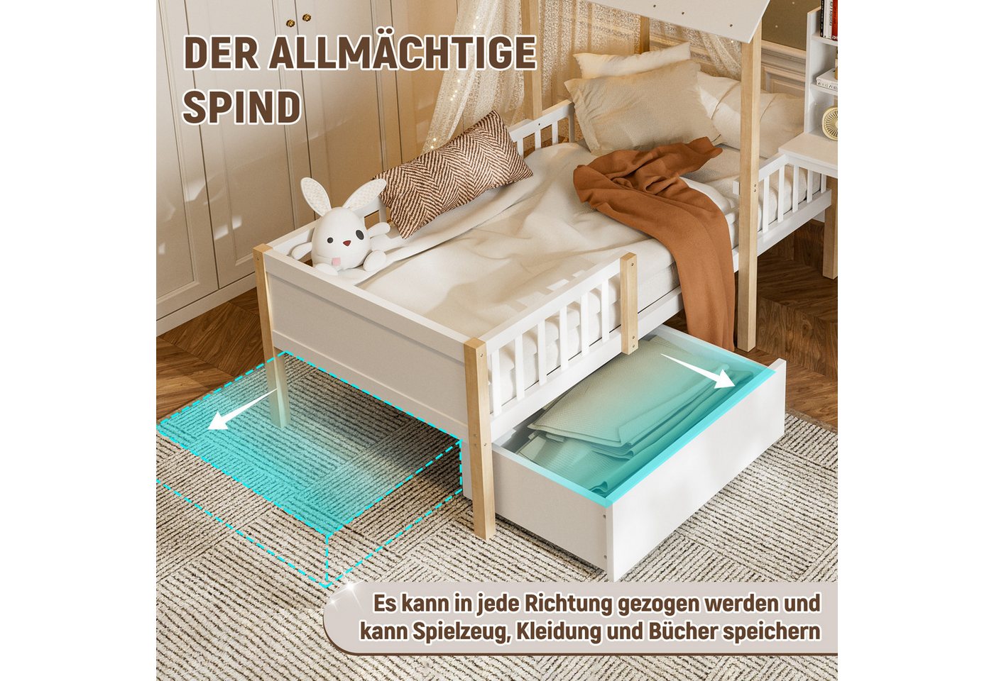 TavilaEcon Kinderbett mit Rausfallschutz, Lattenrost und L-förmigem Schreibtisch (1-tlg), mit Bücherregal, Schubladen mit Rollen, 90×200cm – Bild 5 von 5