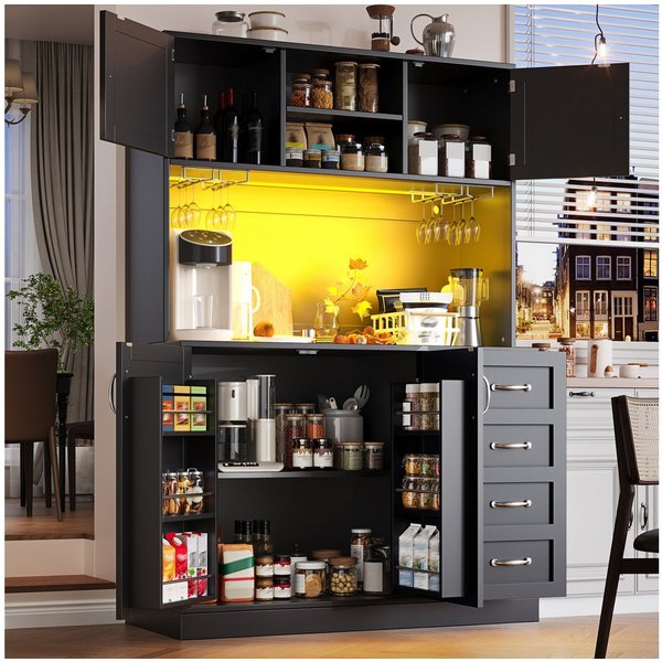 TavilaEcon Küchenbuffet Küchenschrank mit maximalem Stauraum, vier Türen, Schubladen (1-St) mit Getränkehalter, Metallgriffe und Anti-Kipp-System, schwarz