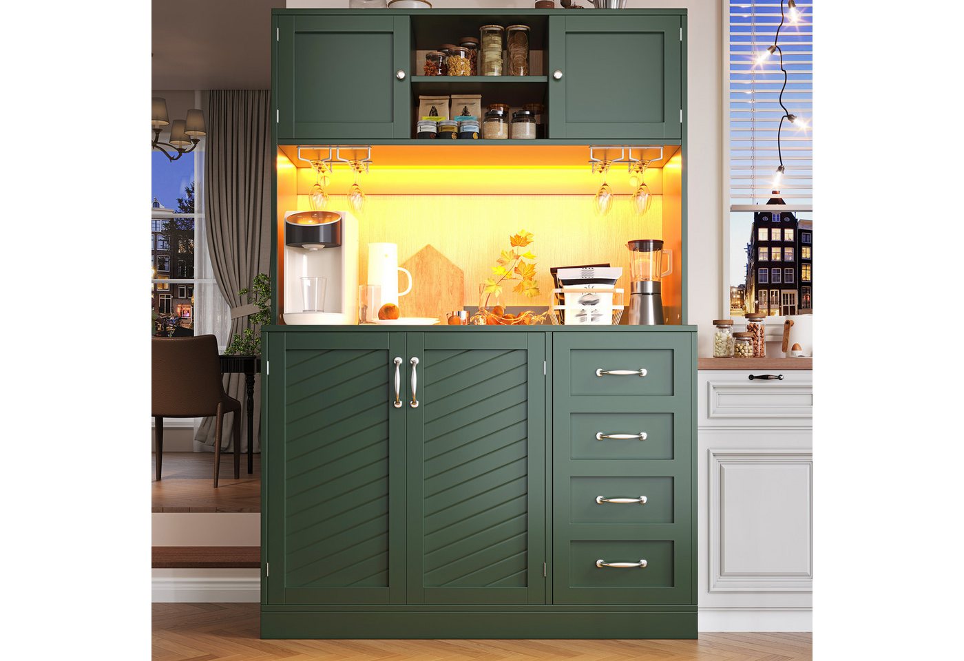 TavilaEcon Küchenbuffet Küchenschrank mit maximalem Stauraum, vier Türen, Schubladen (1-St) mit Getränkehalter, Metallgriffe und Anti-Kipp-System, grün – Bild 2 von 5