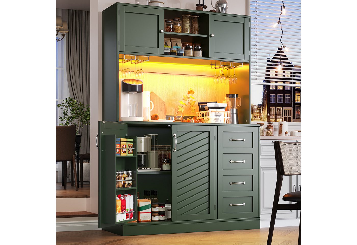TavilaEcon Küchenbuffet Küchenschrank mit maximalem Stauraum, vier Türen, Schubladen (1-St) mit Getränkehalter, Metallgriffe und Anti-Kipp-System, grün – Bild 3 von 5