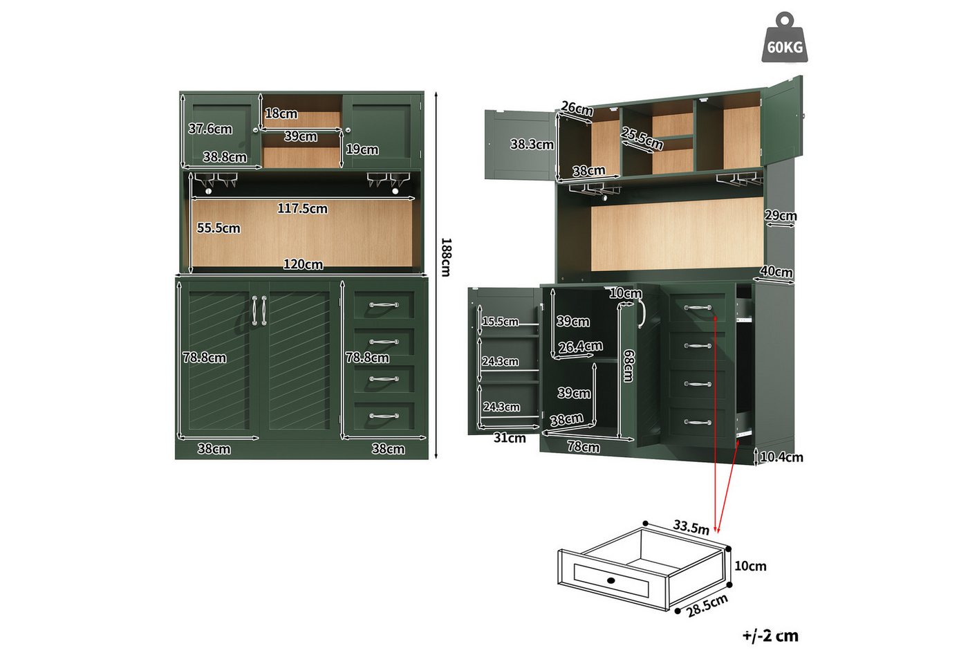 TavilaEcon Küchenbuffet Küchenschrank mit maximalem Stauraum, vier Türen, Schubladen (1-St) mit Getränkehalter, Metallgriffe und Anti-Kipp-System, grün – Bild 4 von 5