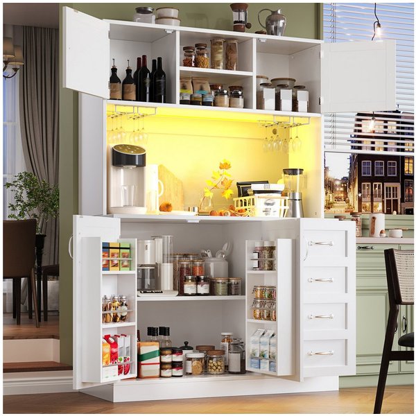 TavilaEcon Küchenbuffet Küchenschrank mit maximalem Stauraum, vier Türen, Schubladen (1-St) mit Getränkehalter, Metallgriffe und Anti-Kipp-System, weiß