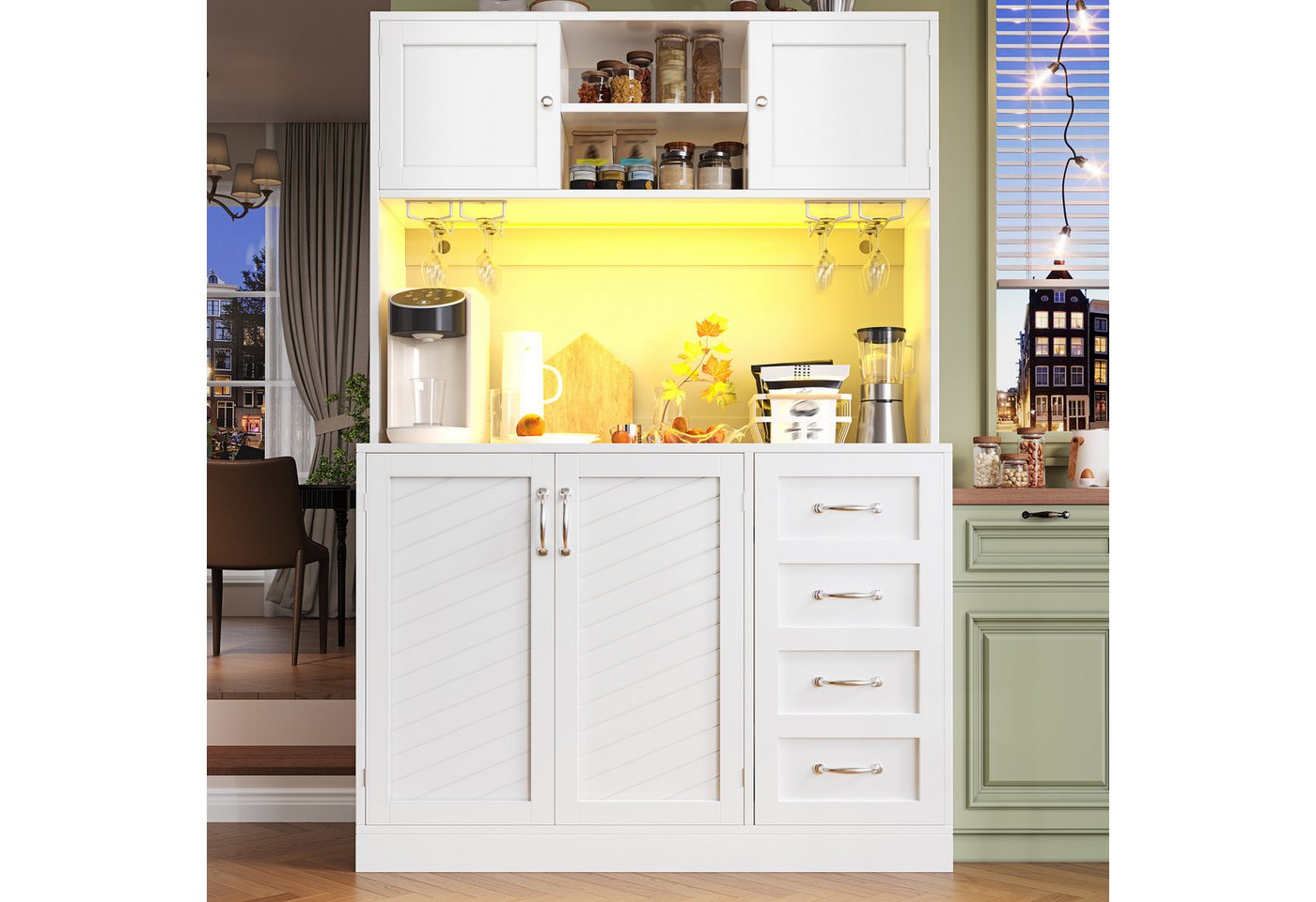 TavilaEcon Küchenbuffet Küchenschrank mit maximalem Stauraum, vier Türen, Schubladen (1-St) mit Getränkehalter, Metallgriffe und Anti-Kipp-System, weiß – Bild 2 von 5