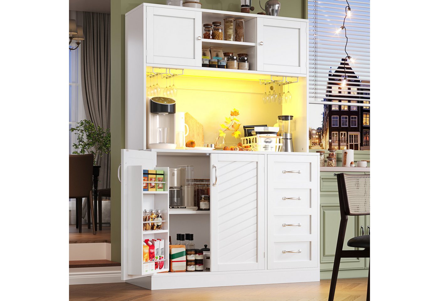 TavilaEcon Küchenbuffet Küchenschrank mit maximalem Stauraum, vier Türen, Schubladen (1-St) mit Getränkehalter, Metallgriffe und Anti-Kipp-System, weiß – Bild 3 von 5