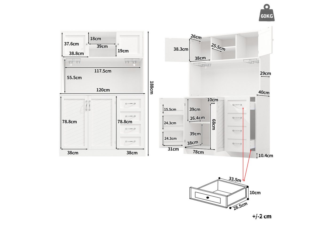 TavilaEcon Küchenbuffet Küchenschrank mit maximalem Stauraum, vier Türen, Schubladen (1-St) mit Getränkehalter, Metallgriffe und Anti-Kipp-System, weiß – Bild 4 von 5