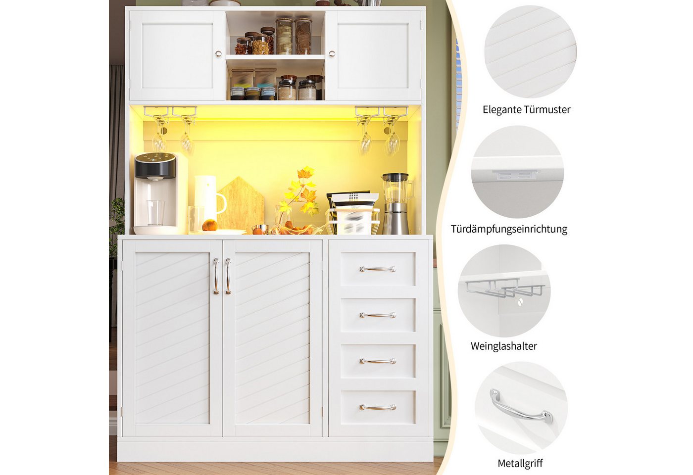TavilaEcon Küchenbuffet Küchenschrank mit maximalem Stauraum, vier Türen, Schubladen (1-St) mit Getränkehalter, Metallgriffe und Anti-Kipp-System, weiß – Bild 5 von 5