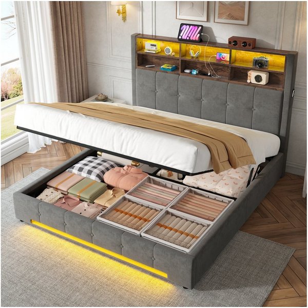 TavilaEcon Polsterbett 180×200 cm & weitere Größen mit Bettkasten und USB-C-Anschluss (1-tlg), mit Hydraulikfunktion & Samtbezug, 180×200cm, grau