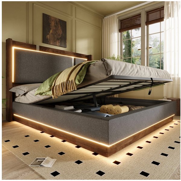 TavilaEcon Polsterbett mit Lattenrost, LED & Bettkasten, Hydraulik, Leinen Beige & Walnuss (1-tlg), ohne Matratze, 180x200cm, grau