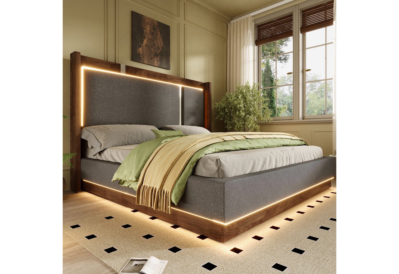 TavilaEcon Polsterbett mit Lattenrost, LED & Bettkasten, Hydraulik, Leinen Beige & Walnuss (1-tlg), ohne Matratze, 180x200cm, grau – Bild 2 von 5