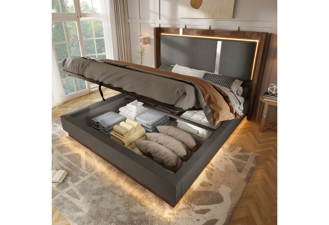 TavilaEcon Polsterbett mit Lattenrost, LED & Bettkasten, Hydraulik, Leinen Beige & Walnuss (1-tlg), ohne Matratze, 180x200cm, grau – Bild 3 von 5