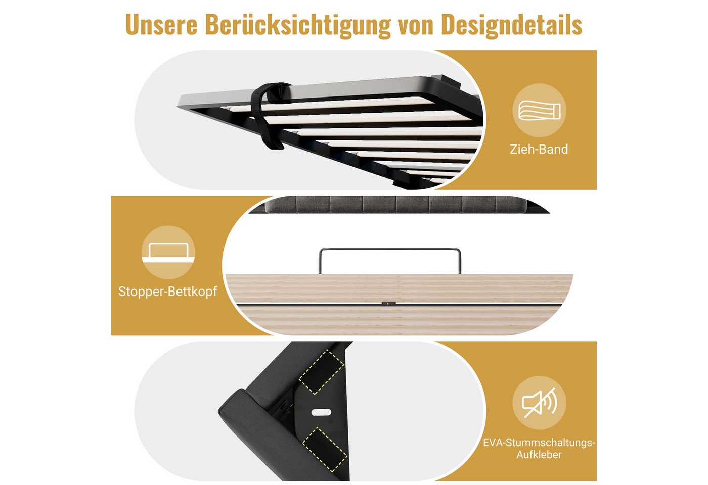 TavilaEcon Polsterbett mit Lattenrost, LED & Bettkasten, Hydraulik, Leinen Beige & Walnuss (1-tlg), ohne Matratze, 180x200cm, grau – Bild 5 von 5