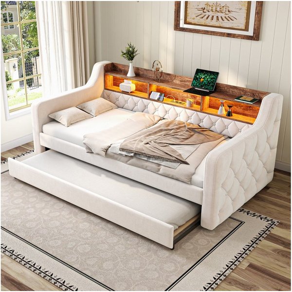 TavilaEcon Schlafsofa Platzsparendes Sofa-Bett aus Samt mit Ausziehbett, 1 Teile, mit LED-Beleuchtung, integriertem Regal und USB-C-Anschluss