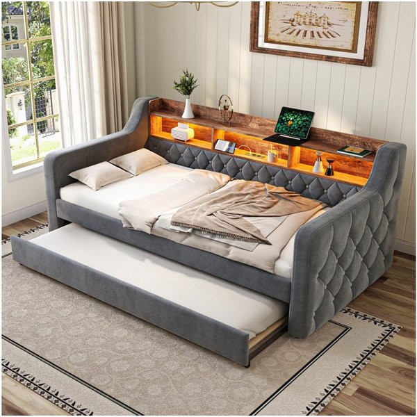 TavilaEcon Schlafsofa Platzsparendes Sofa-Bett aus Samt mit Ausziehbett, 1 Teile, mit LED-Beleuchtung, integriertem Regal und USB-C-Anschluss