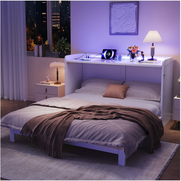 TavilaEcon Schrankbett mit USB, Steckdose, LED-Lichtleiste und Hochglanzplatte (1-St) Ohne Matratze, 140 x 200cm, weiß
