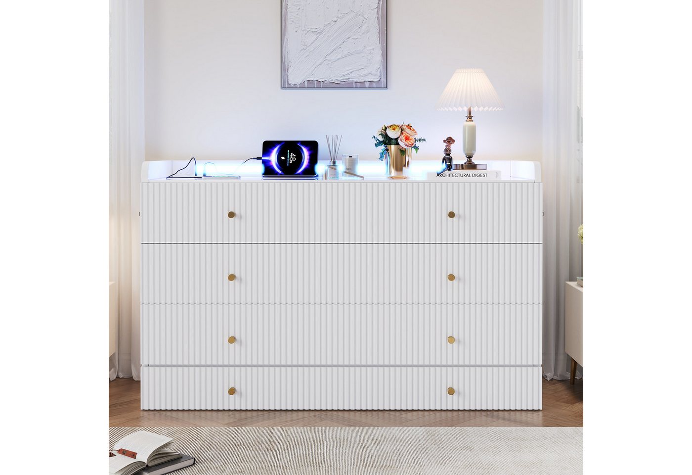TavilaEcon Schrankbett mit USB, Steckdose, LED-Lichtleiste und Hochglanzplatte (1-St) Ohne Matratze, 140 x 200cm, weiß – Bild 2 von 5