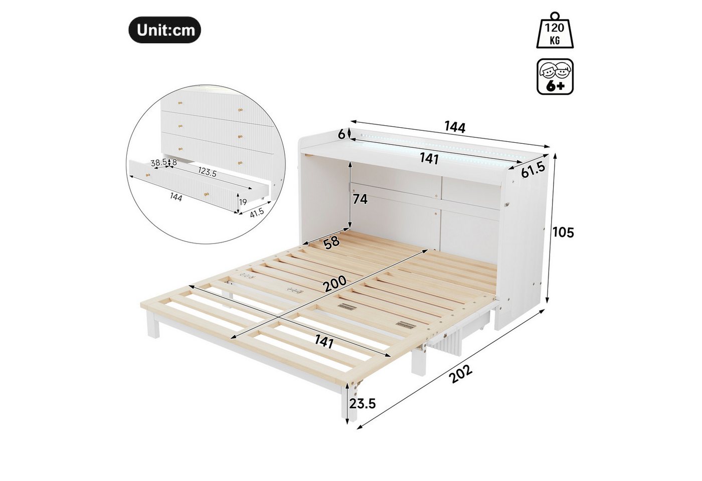 TavilaEcon Schrankbett mit USB, Steckdose, LED-Lichtleiste und Hochglanzplatte (1-St) Ohne Matratze, 140 x 200cm, weiß – Bild 4 von 5