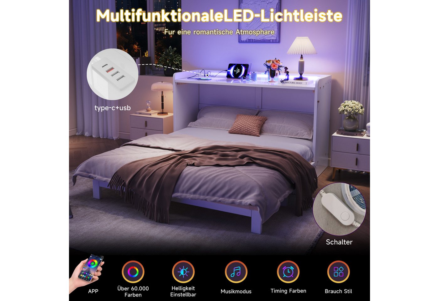 TavilaEcon Schrankbett mit USB, Steckdose, LED-Lichtleiste und Hochglanzplatte (1-St) Ohne Matratze, 140 x 200cm, weiß – Bild 5 von 5