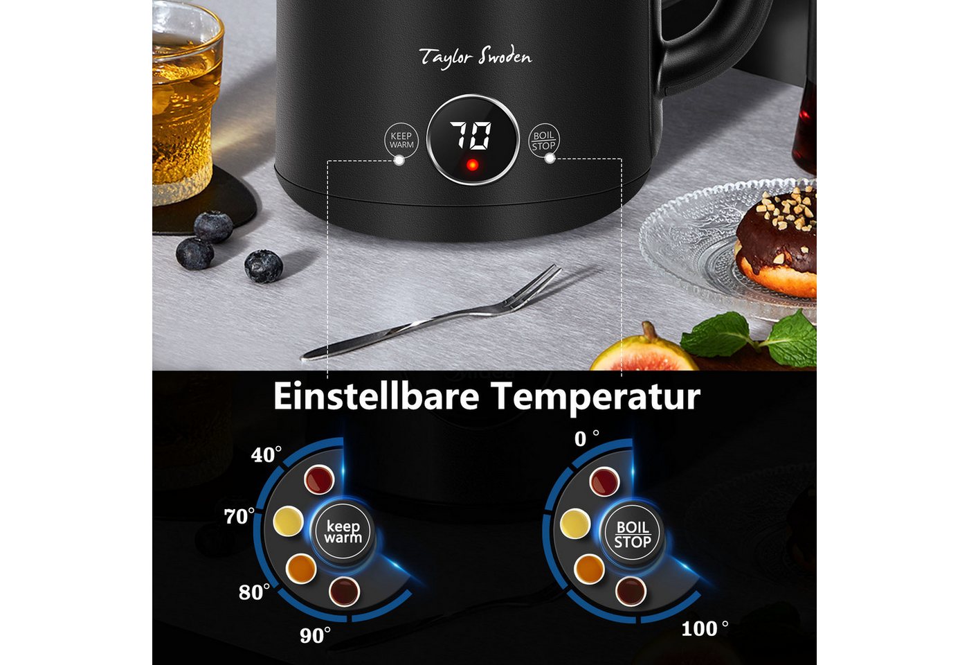Taylor Swoden Wasserkocher Temperatureinstellung, 2200 W, 1,7 L/2L, Warmhaltefunktion, Edelstahl, 1.7 l, 2200,00 W, 5 Temperaturstufen, Digitale LED-Anzeige, Au – Bild 3 von 5
