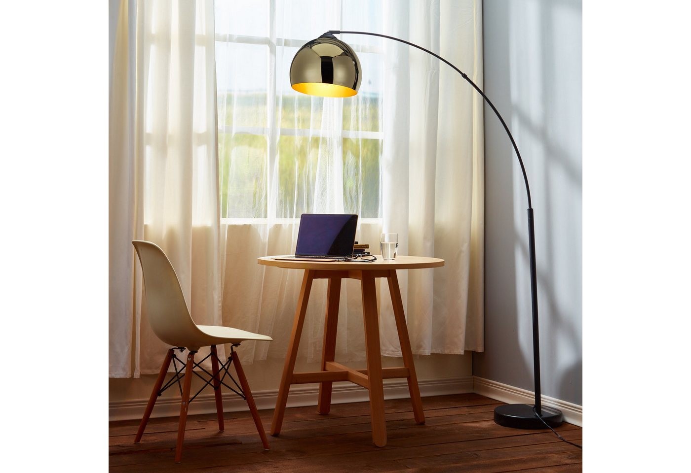 Teamson Home Bogenlampe Gebogene Stehlampe aus Metall mit Glockenschirm gold – Bild 2 von 5