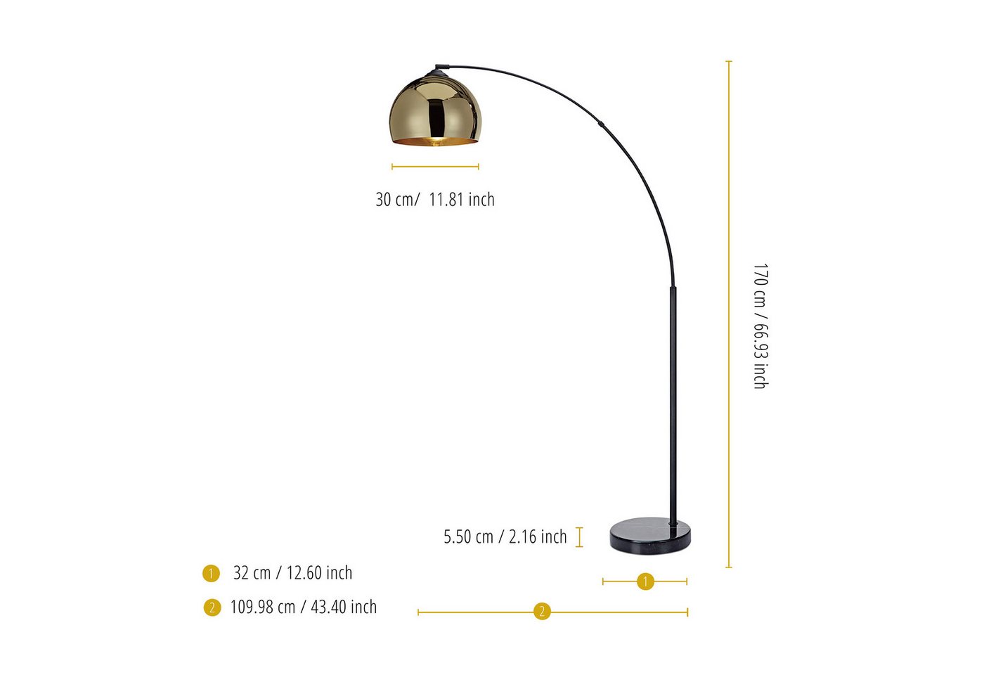 Teamson Home Bogenlampe Gebogene Stehlampe aus Metall mit Glockenschirm gold – Bild 4 von 5
