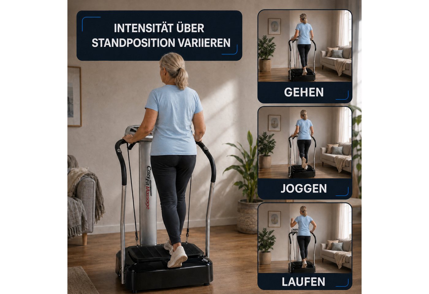 @tec Vibrationsplatte Crazy Fit - Heimtrainer Vibrationsplatte mit Haltegriffen, 50 Intensitätsstufen, 50 Geschwindigkeitsstufen, 4 Programme – Bild 4 von 5