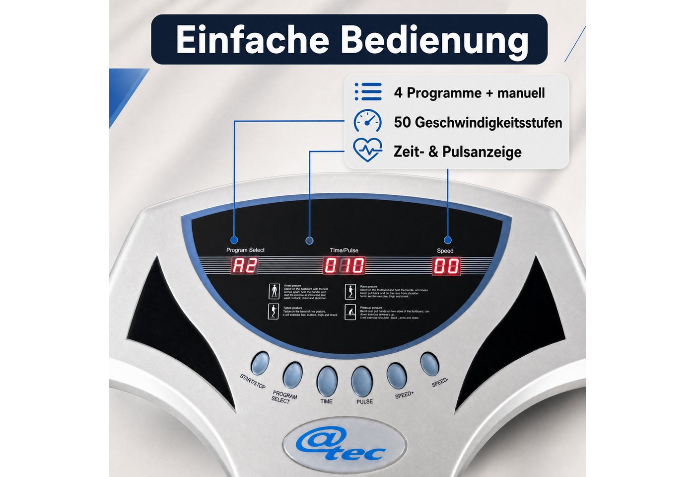@tec Vibrationsplatte Crazy Fit - Heimtrainer Vibrationsplatte mit Haltegriffen, 50 Intensitätsstufen, 50 Geschwindigkeitsstufen, 4 Programme – Bild 5 von 5