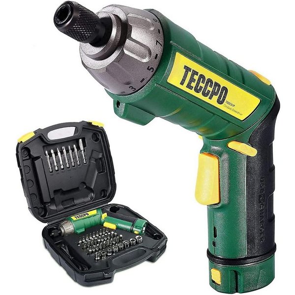 Teccpo Akku-Schrauber, 6,00 Nm, (Elektrischer Schraubendreher, 45-tlg., 2000mAh Li-Ion, 9+1 Drehmomentstufen), Selbstverriegelungsfutter, 2 LED-Lichter, Einstel