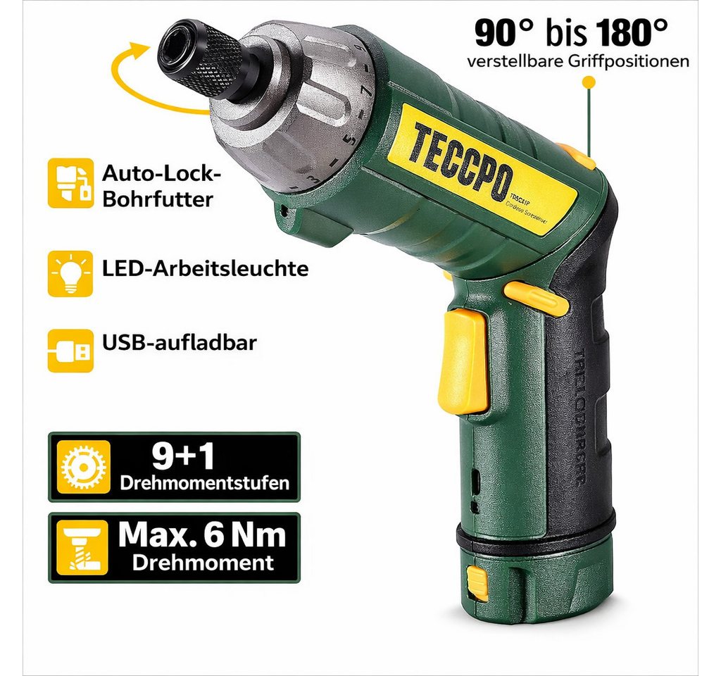 Teccpo Akku-Schrauber, 6,00 Nm, (Elektrischer Schraubendreher, 45-tlg., 2000mAh Li-Ion, 9+1 Drehmomentstufen), Selbstverriegelungsfutter, 2 LED-Lichter, Einstel – Bild 2 von 5