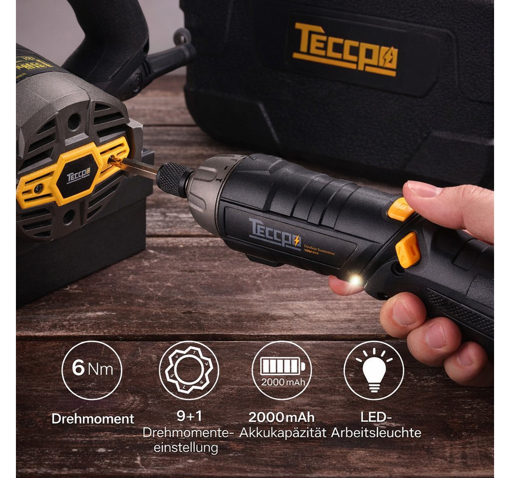Teccpo Akku-Schrauber, 6,00 Nm, (Elektrischer Schraubendreher, 45-tlg., 2000mAh Li-Ion, 9+1 Drehmomentstufen), Selbstverriegelungsfutter, 2 LED-Lichter, Einstel – Bild 4 von 5