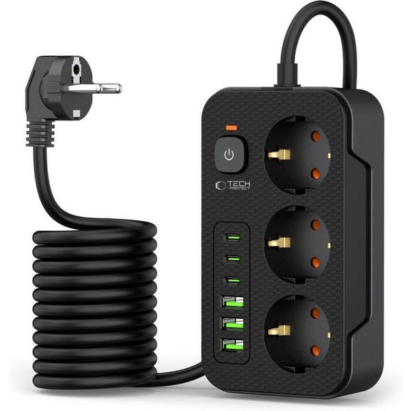 TECH PROTECT PC3X6 Steckdosenleiste (3 Steckdosen, 200 cm Kabel, 3x USB-C, 3x USB-A, Schalter mit LED-Anzeige), 9-in-1 Steckdosenleiste mit USB-A und USB-C Lade