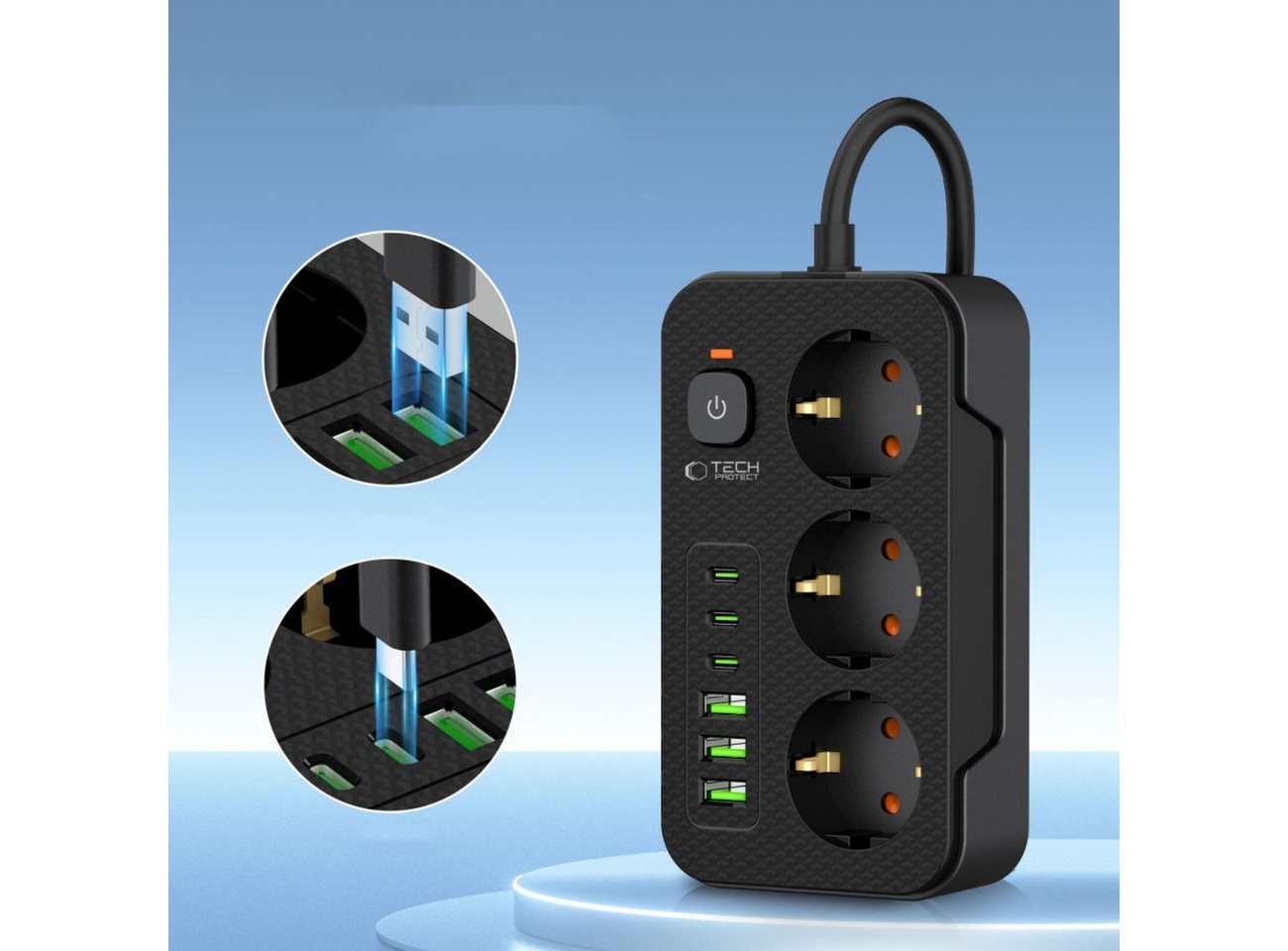 TECH PROTECT PC3X6 Steckdosenleiste (3 Steckdosen, 200 cm Kabel, 3x USB-C, 3x USB-A, Schalter mit LED-Anzeige), 9-in-1 Steckdosenleiste mit USB-A und USB-C Lade – Bild 2 von 5