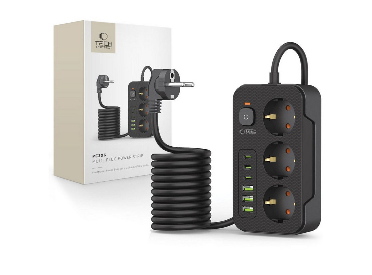 TECH PROTECT PC3X6 Steckdosenleiste (3 Steckdosen, 200 cm Kabel, 3x USB-C, 3x USB-A, Schalter mit LED-Anzeige), 9-in-1 Steckdosenleiste mit USB-A und USB-C Lade – Bild 5 von 5