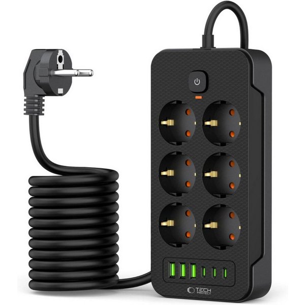 TECH PROTECT PC6X6 Steckdosenleiste (6 Steckdosen, 3 USB-A Anschlüsse, 3 USB-C Anschlüsse, Ein-/Ausschalter, Überspannungsschutz, 200 cm Netzkabel), Steckdosenl