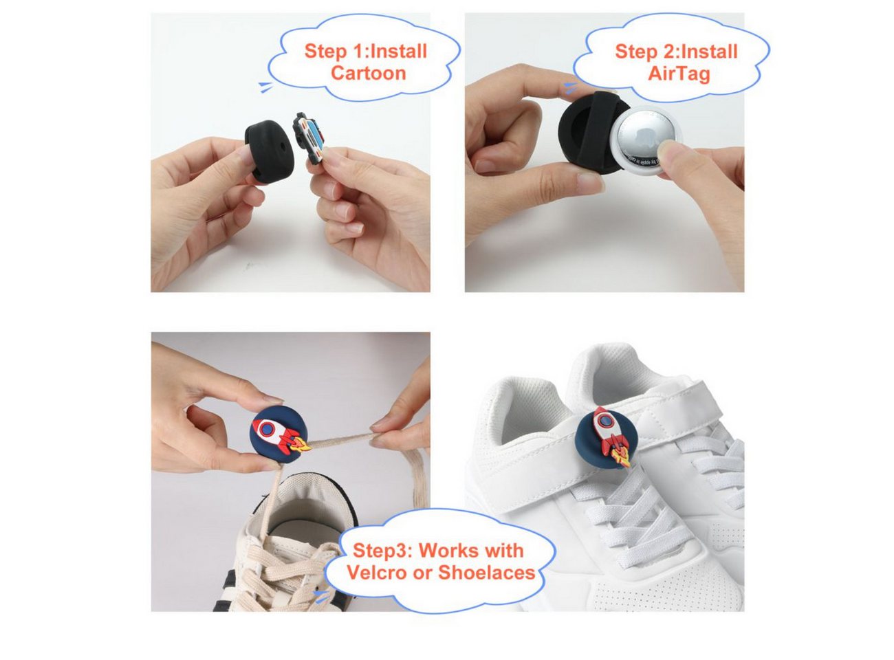 TECH PROTECT Runder Anhänger (4er-Pack Silikonhüllen mit Motivaufsätzen), Kinderfreundliche AirTag-Hüllen mit Schuhbandhalterung – Bild 3 von 5