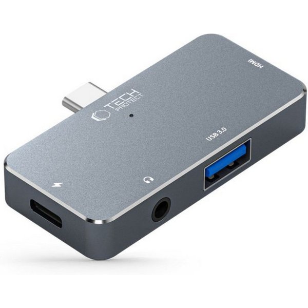TECH PROTECT V6 USB-Adapter USB-C Stecker zu USB-C Buchse, HDMI Buchse, 3,5 mm Klinkenbuchse, USB-A Buchse, 4in1 USB-C Hub mit 4K HDMI, Audioanschluss und PD 10