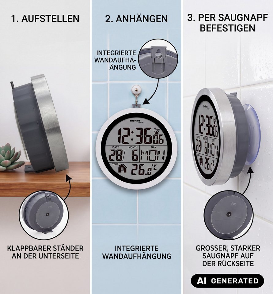 technoline Badezimmeruhr WT 3005 (mit Saugnäpfen zur einfachen Montage) – Bild 2 von 4