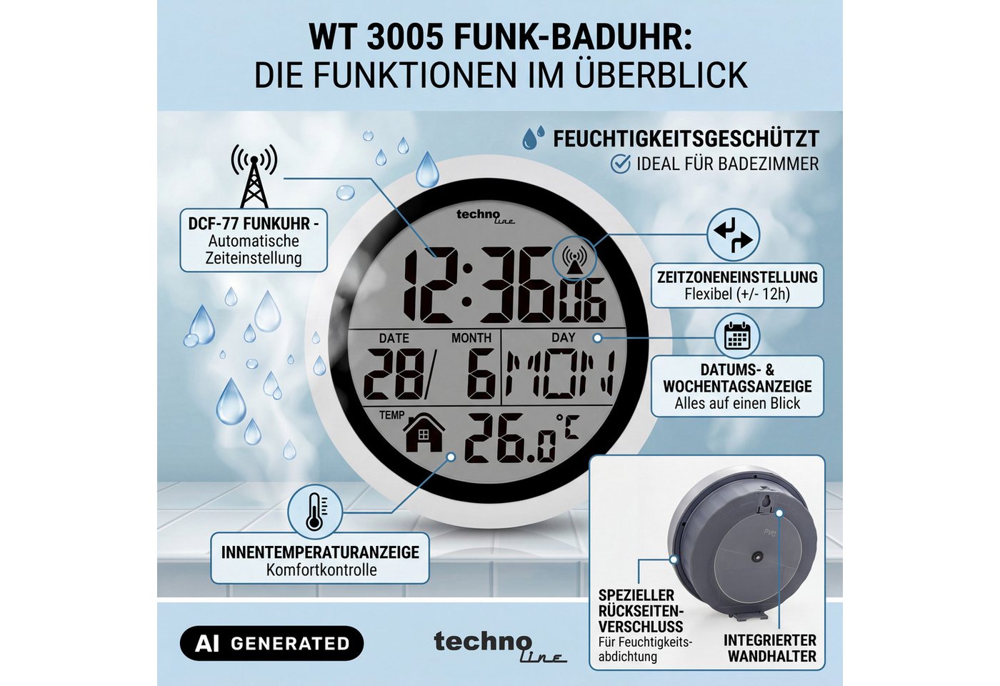 technoline Badezimmeruhr WT 3005 (mit Saugnäpfen zur einfachen Montage) – Bild 3 von 4