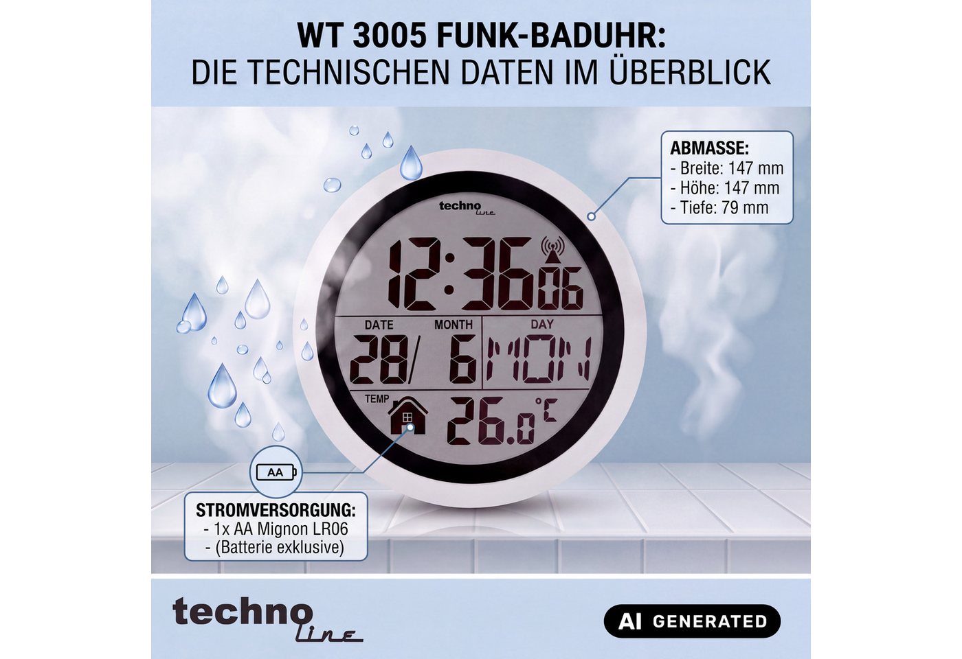 technoline Badezimmeruhr WT 3005 (mit Saugnäpfen zur einfachen Montage) – Bild 4 von 4