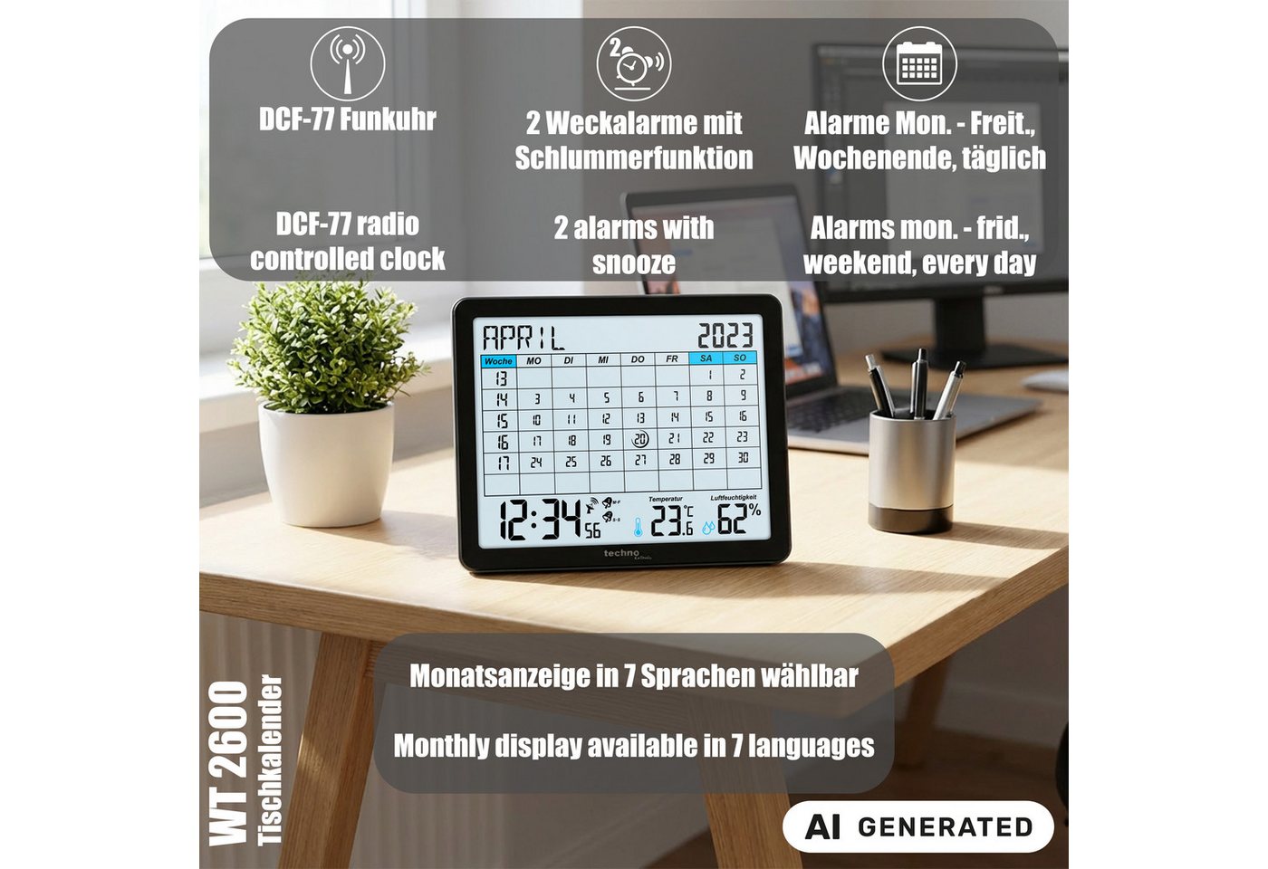 technoline Funkwecker WT 2600 DCF-77 Funkuhr mit Monatskalender, Thermometer, Hygrometer & 2 Alarmen – Bild 3 von 4