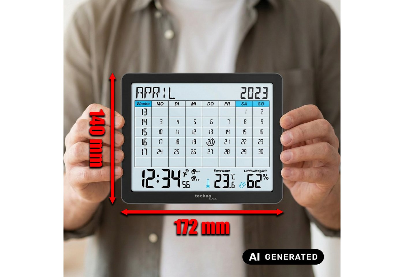 technoline Funkwecker WT 2600 DCF-77 Funkuhr mit Monatskalender, Thermometer, Hygrometer & 2 Alarmen – Bild 4 von 4