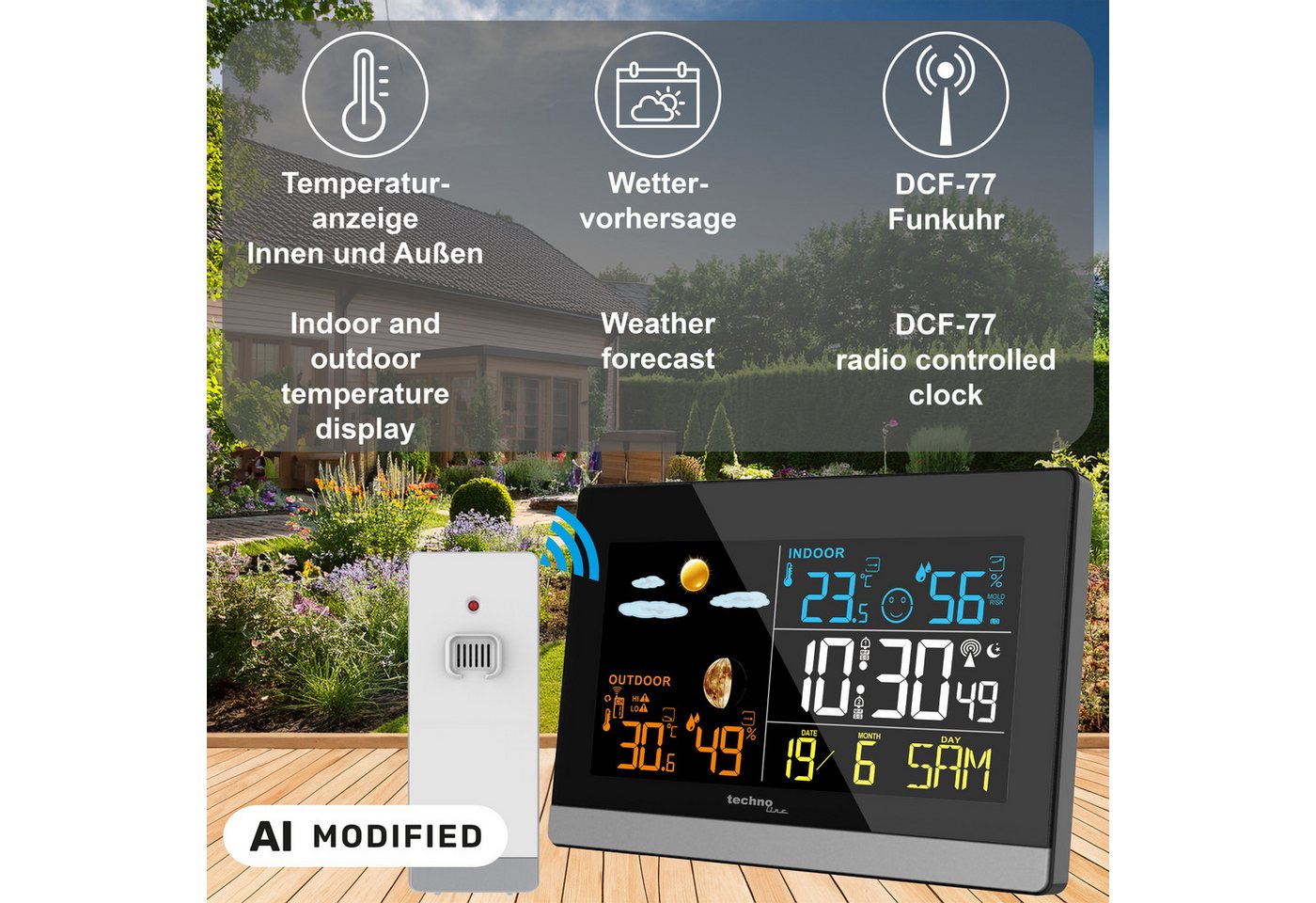 technoline WS 6455 Wetterstation (inklusive Außensender, Wetterstation mit farbiger LCD-Anzeige) – Bild 3 von 5
