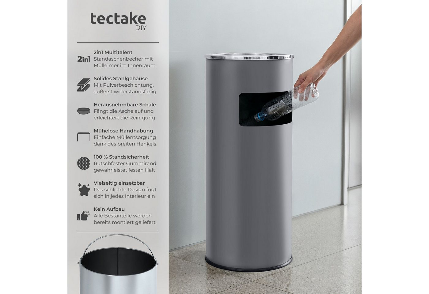 tectake Aschenbecher Standascher outdoor, 25 x 61 cm, rund, mit Mülleimer und Inneneimer, 30 l, rutschfest – Bild 2 von 5