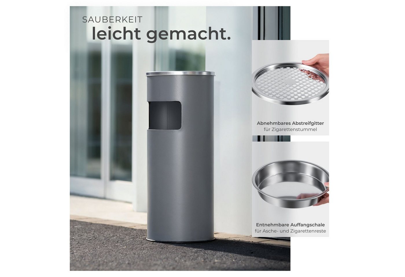 tectake Aschenbecher Standascher outdoor, 25 x 61 cm, rund, mit Mülleimer und Inneneimer, 30 l, rutschfest – Bild 4 von 5